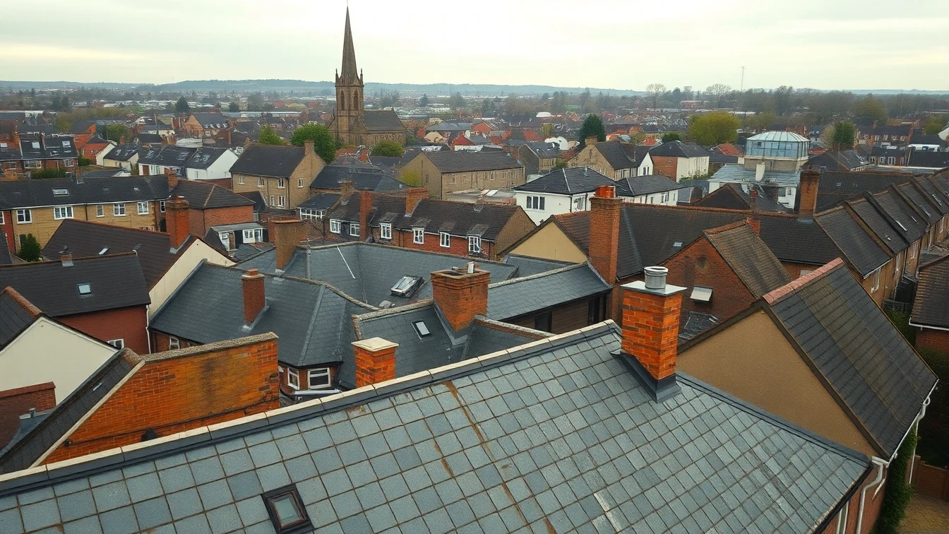 Rooftops and a church spire in an English town